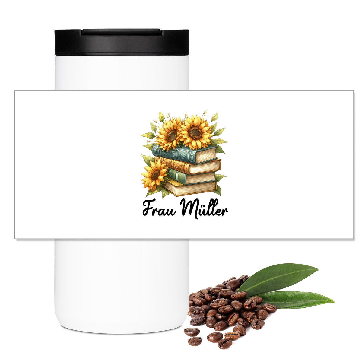 Motivübersicht zum Thermo-Kaffeebecher mit Sonnenblumen und Büchern