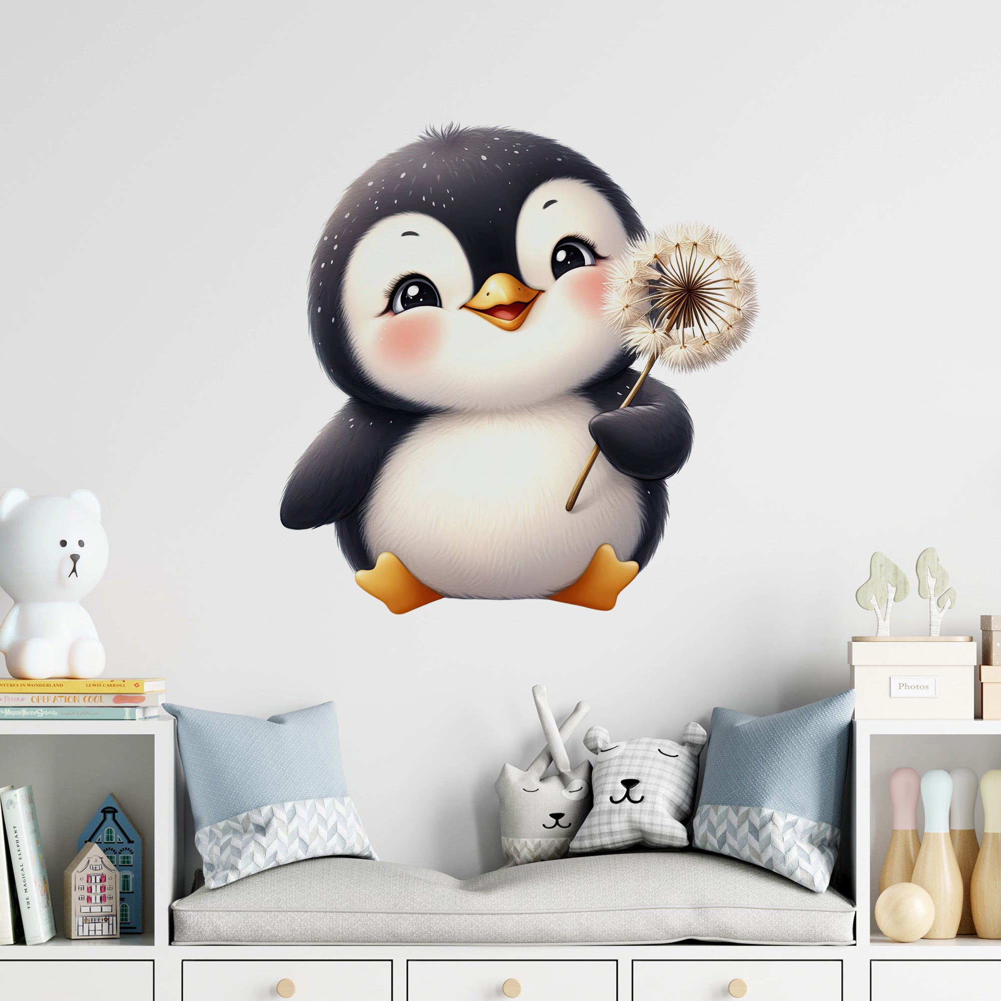Niedlicher Pinguin mit Löwenzahn, schwarz-weiß, fröhlich.