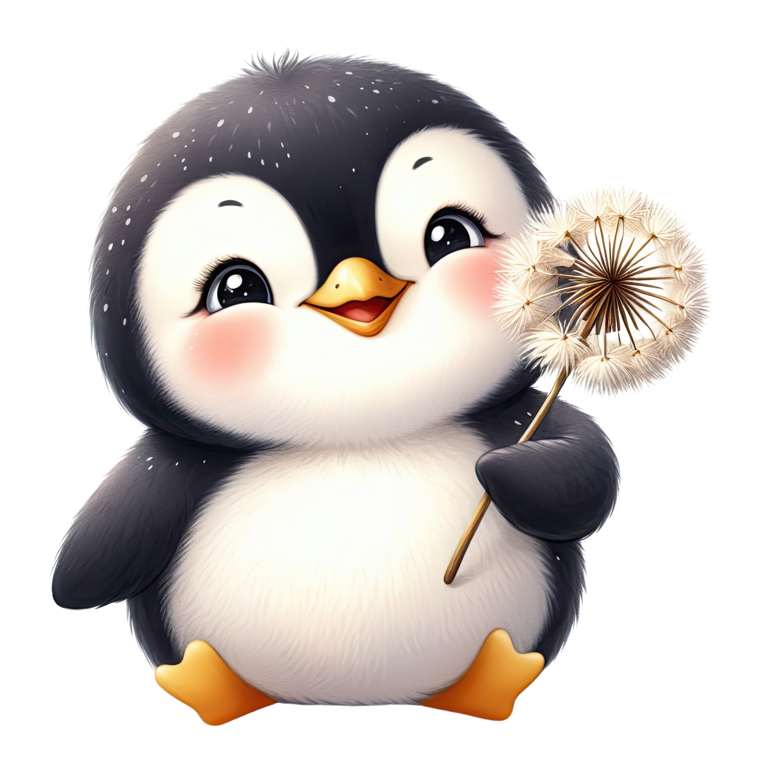 Pinguin mit Dandelion, schwarz-weiß, niedlich und freundlich.