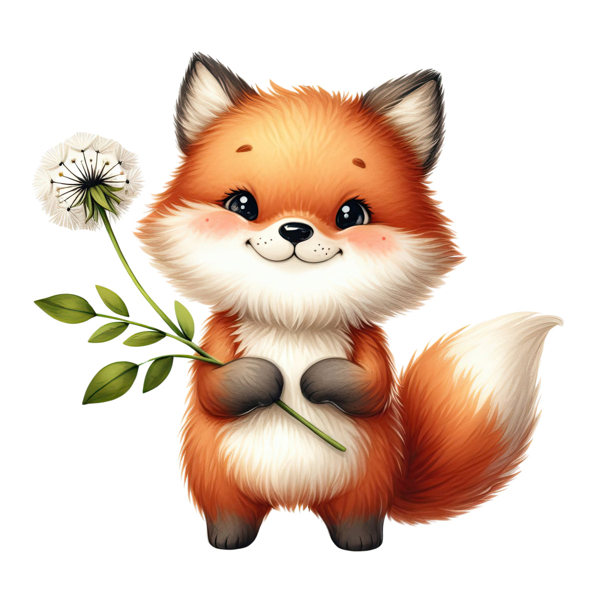 Niedlicher, orangefarbener Fuchs mit Löwenzahn.
