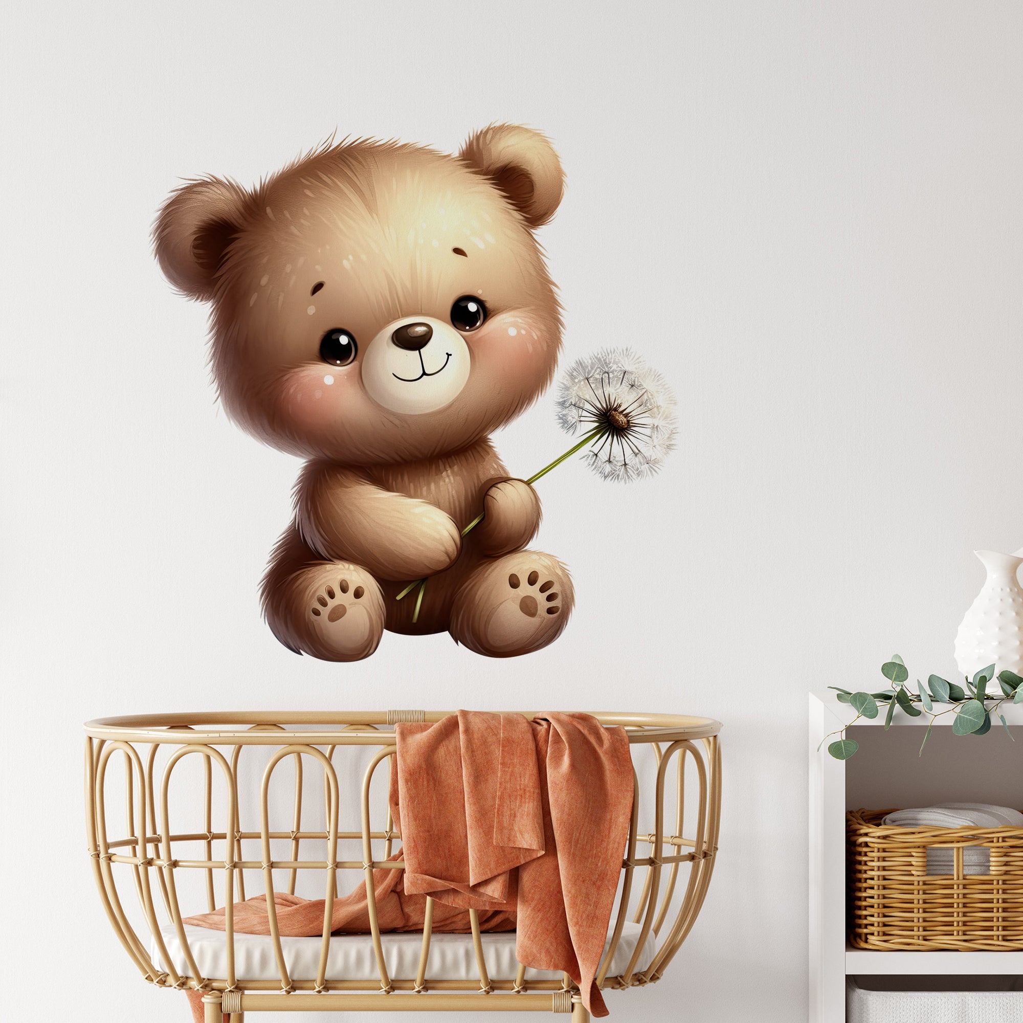 Niedlicher brauner Bär mit Löwenzahn, Wanddeko für Kinderzimmer.