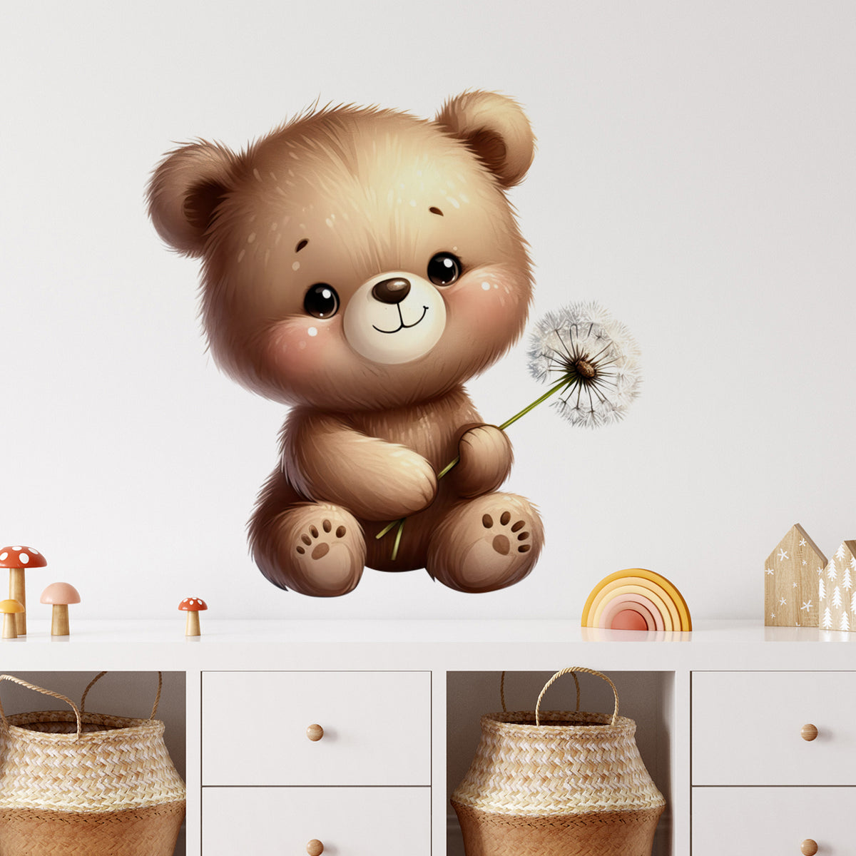 Brauner Bär mit Pusteblume, niedlich und freundlich.