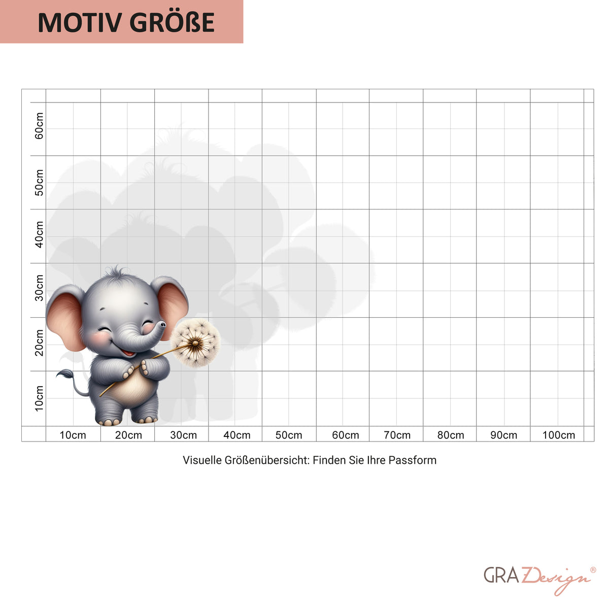 Süßer grauer Elefant mit Pusteblume, Größenübersicht.
