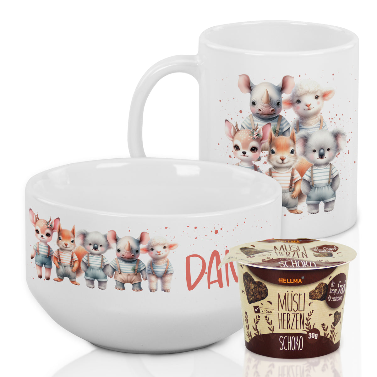 Schüssel und Tasse mit niedlichen Tiermotiven, weiß.