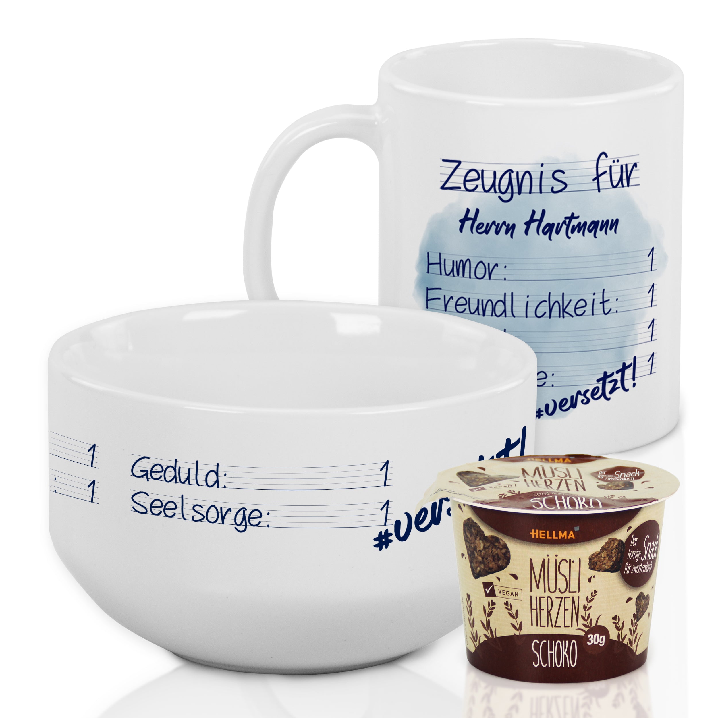 Tasse und Schüssel aus weißem Porzellan mit Aufschrift.