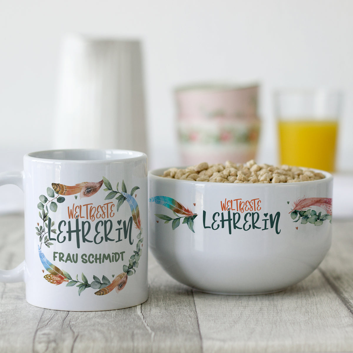 Tasse und Schüssel mit "Weltbeste Lehrerin" Design.