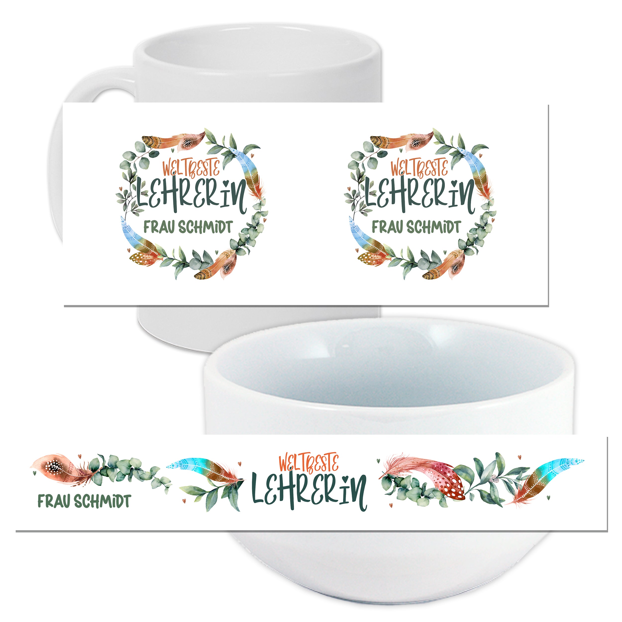 Tasse und Schüssel mit Aufschrift „WELTBESTE LEHRERIN FRAU SCHMIDT“