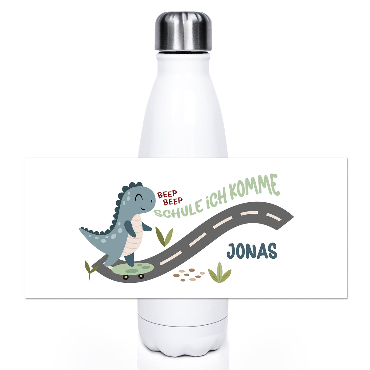Wasserflasche mit Dinosaurier-Motiv, personalisiert für Jonas.