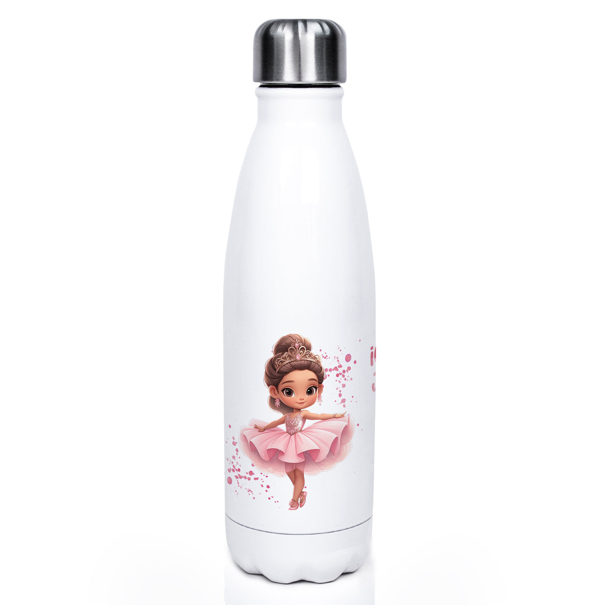 Weiße Trinkflasche mit Ballerina-Motiv in Rosa.