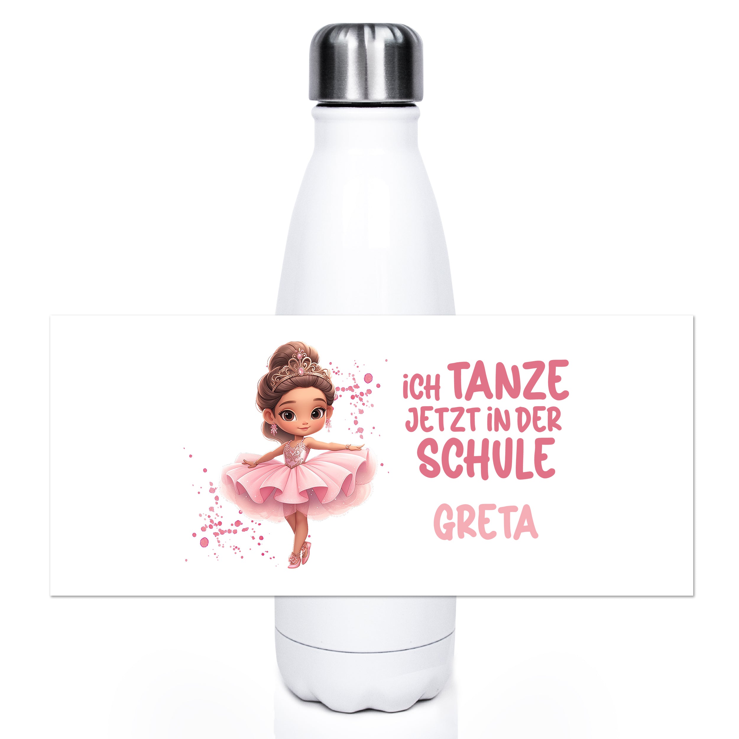 Weiße Trinkflasche mit tanzendem Mädchen und pinkem Text.