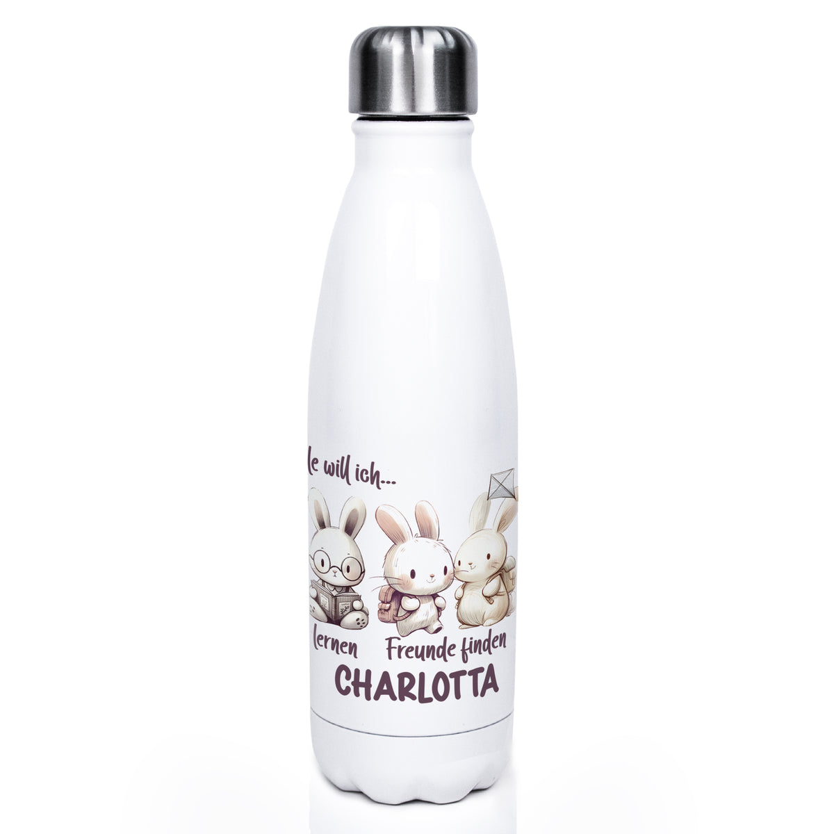 Weiße Trinkflasche mit niedlichen Hasenmotiven und Schriftzug.