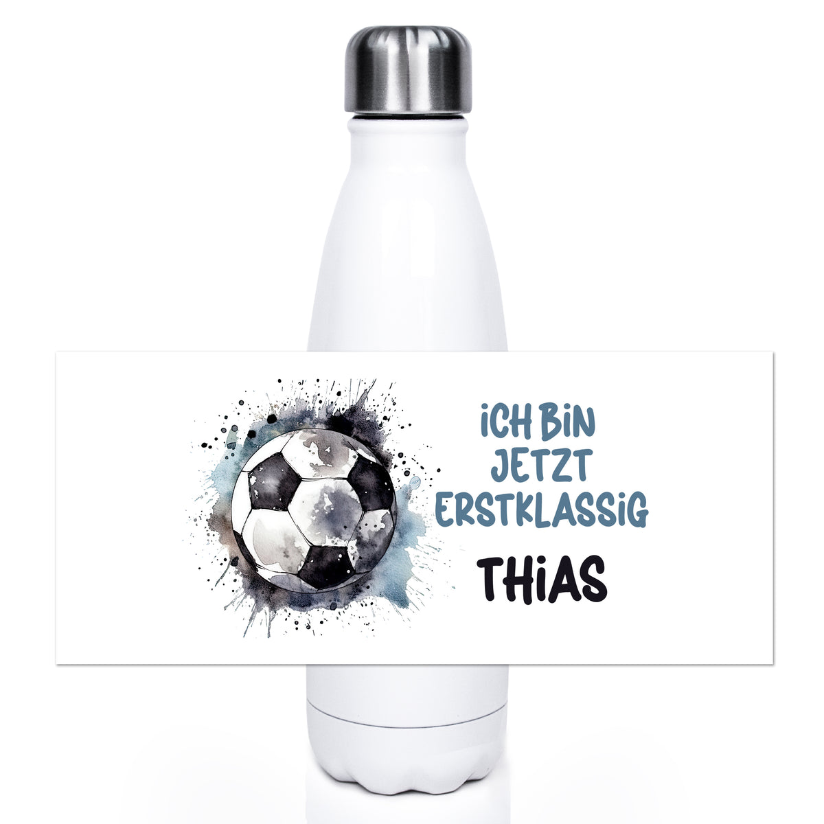 Weiße Trinkflasche mit Fußball-Motiv und personalisiertem Text.