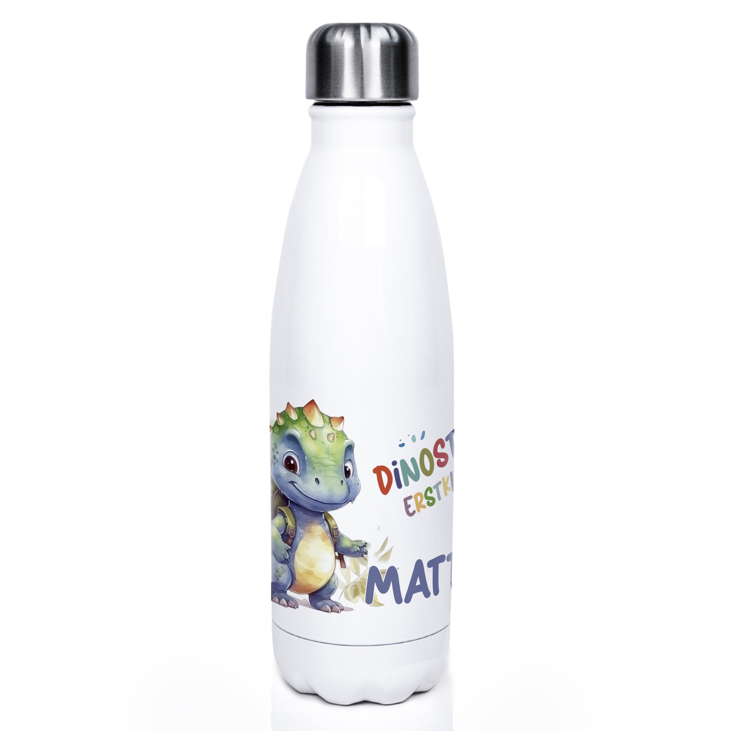 Weiße Edelstahl-Trinkflasche mit Dinosaurier-Motiv und Namen.
