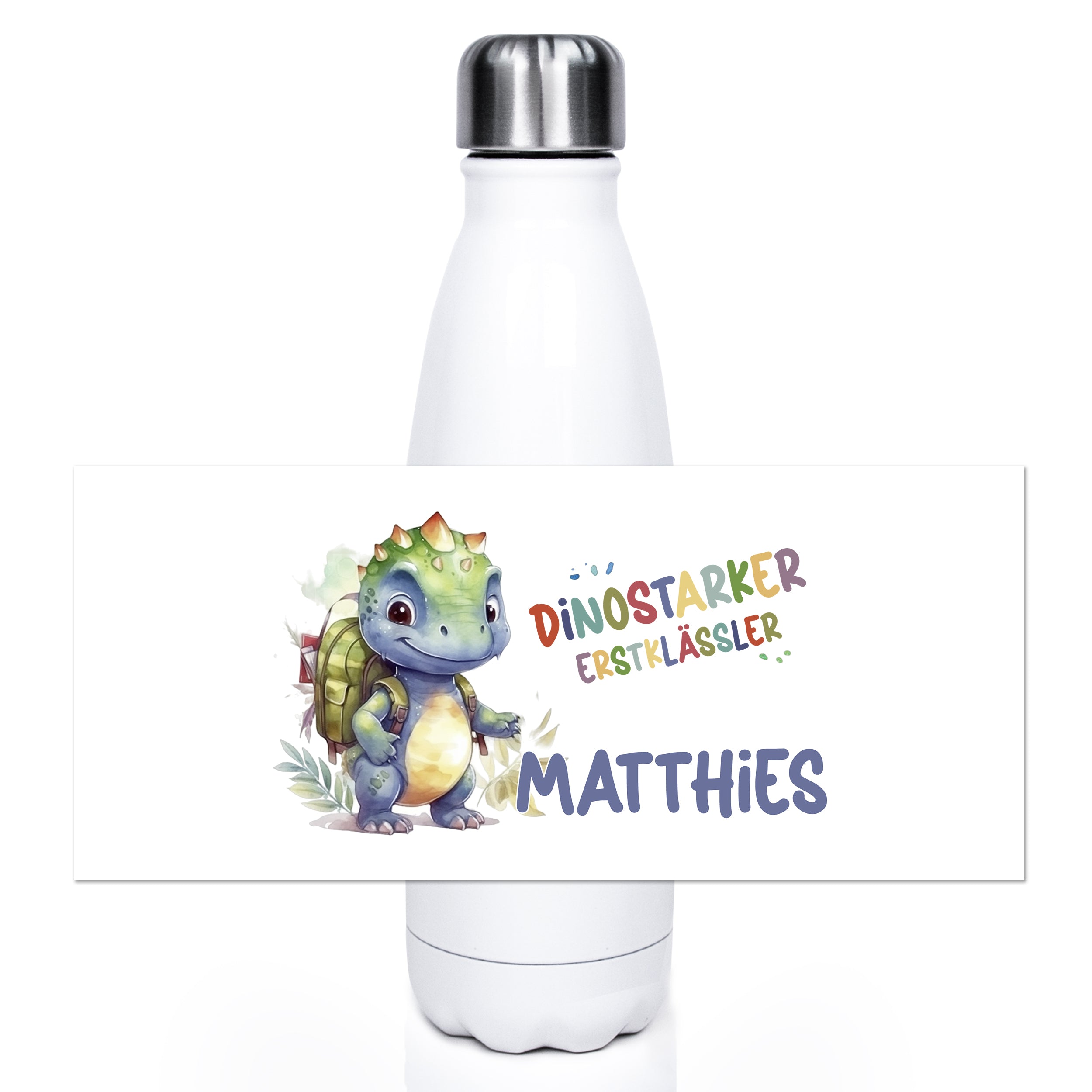 Wasserflasche mit Dinosaurier-Design, personalisiert für Matthies.