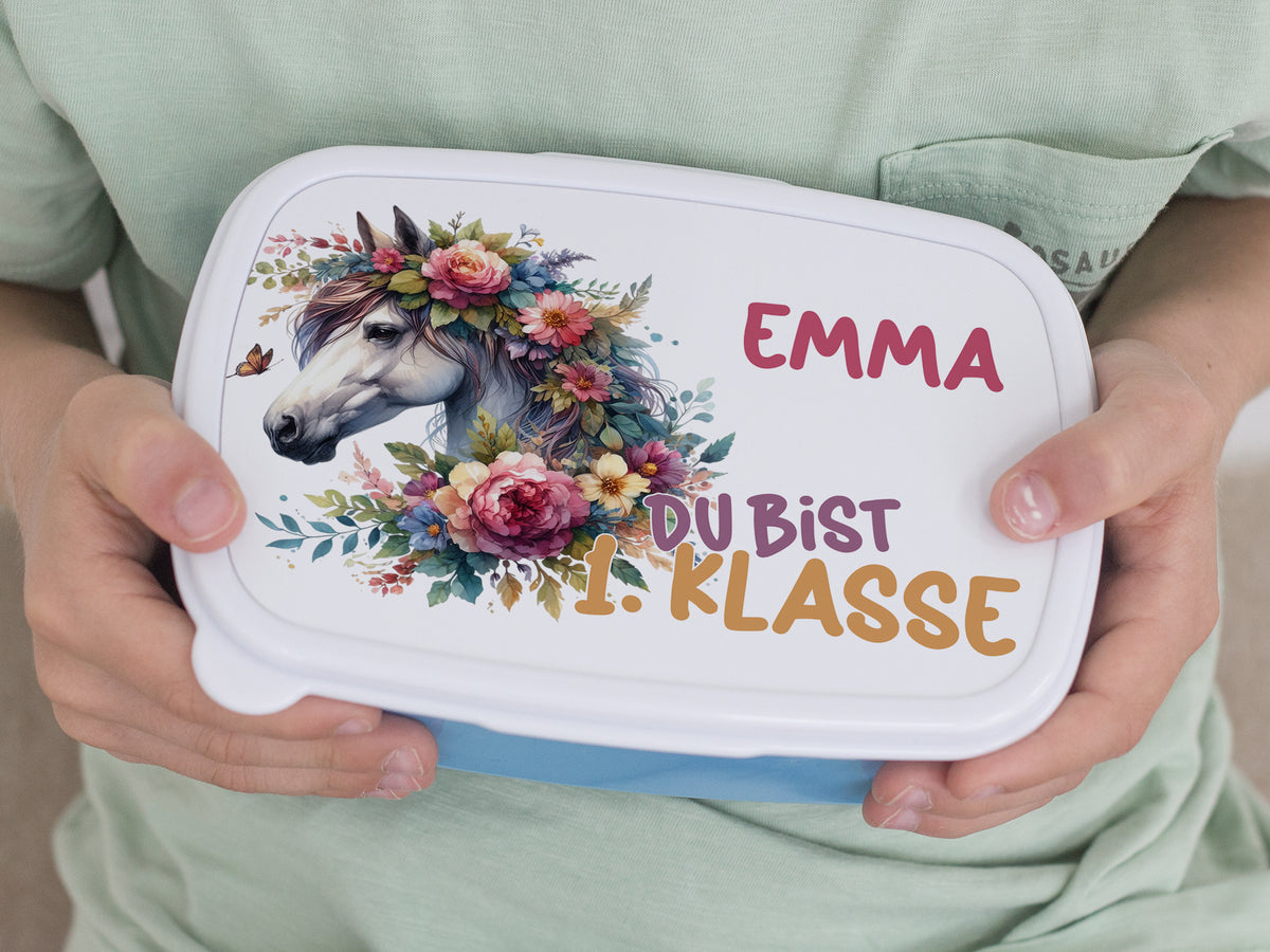 Lunchbox mit Pferdemotiv und bunten Blumen, personalisiert.