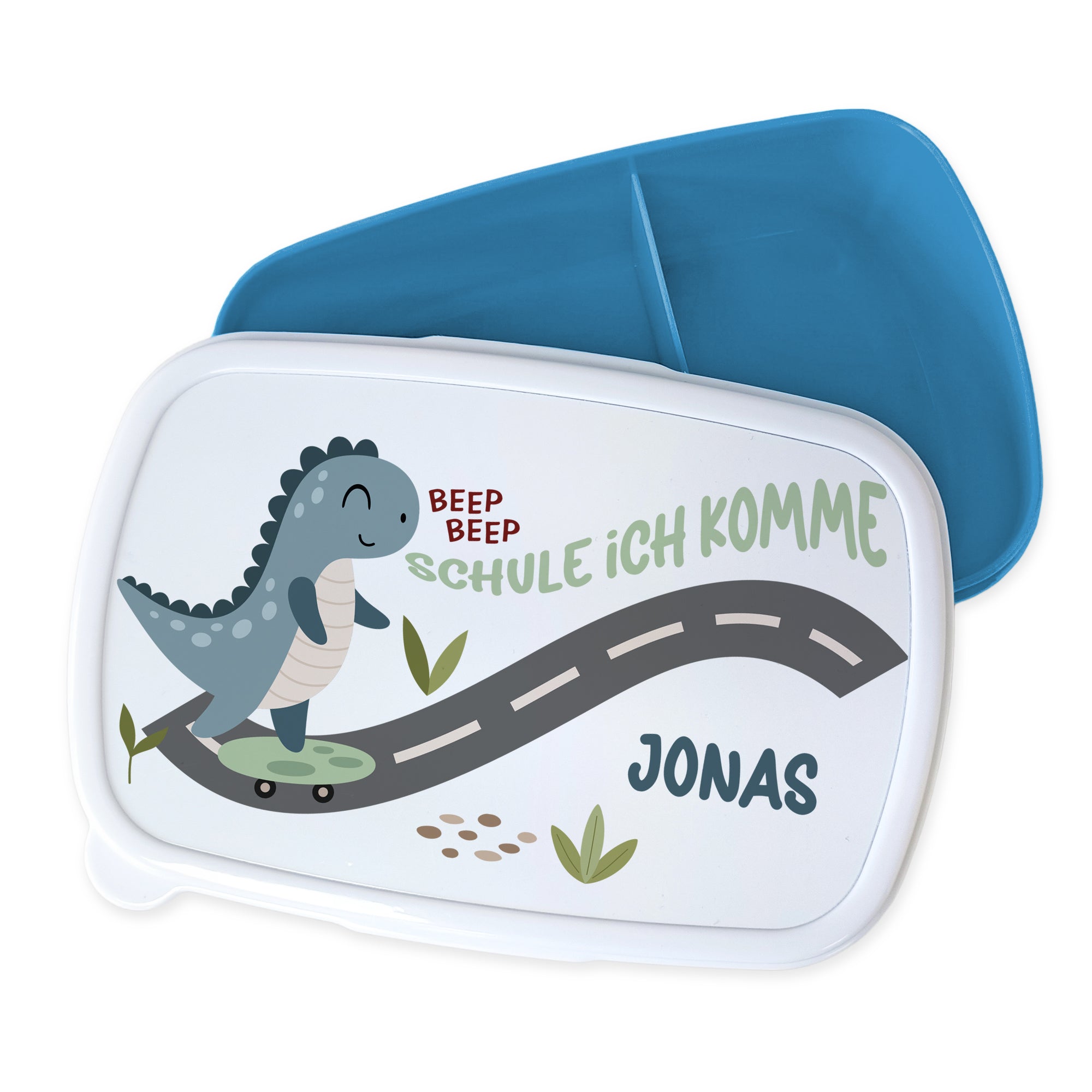 Lunchbox mit Dinosaurier-Motiv, blau und weiß, personalisiert für Jonas.