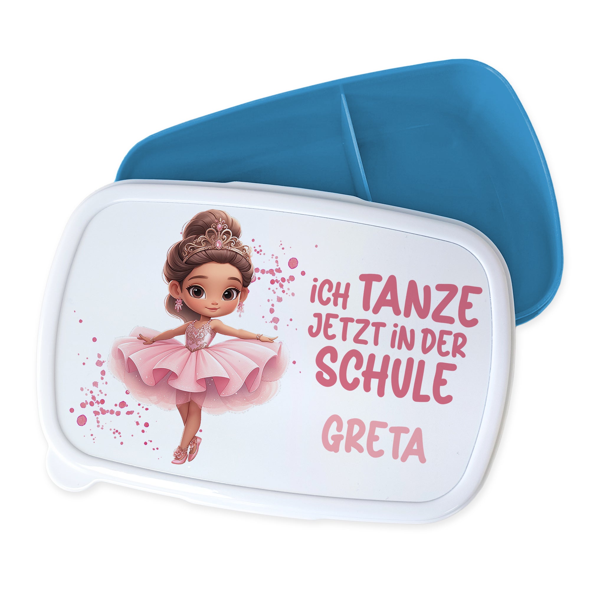 Lunchbox mit tanzendem Mädchen, rosa und blau, personalisiert.