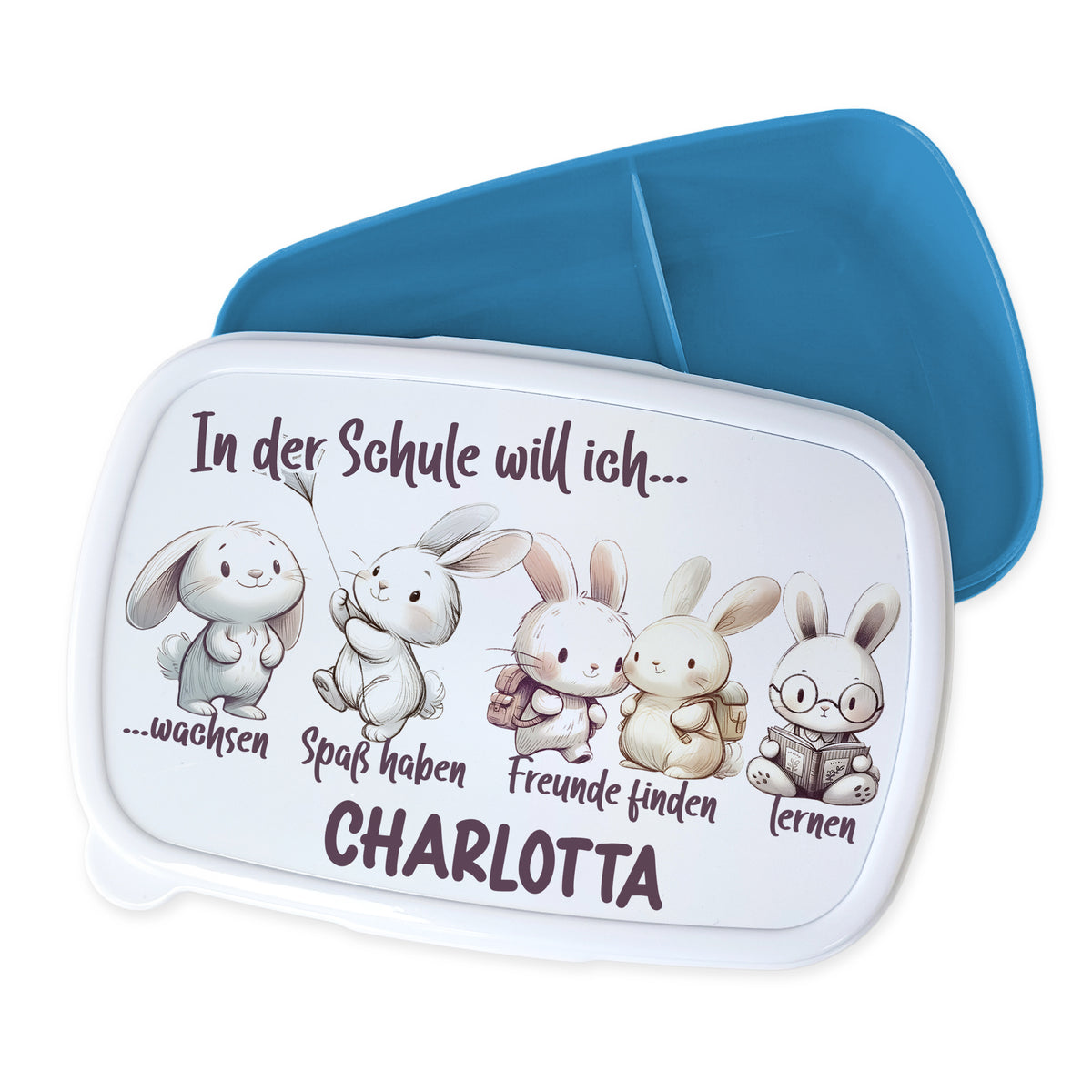 Bento-Box mit bunten Hasen und Schulmotivation.