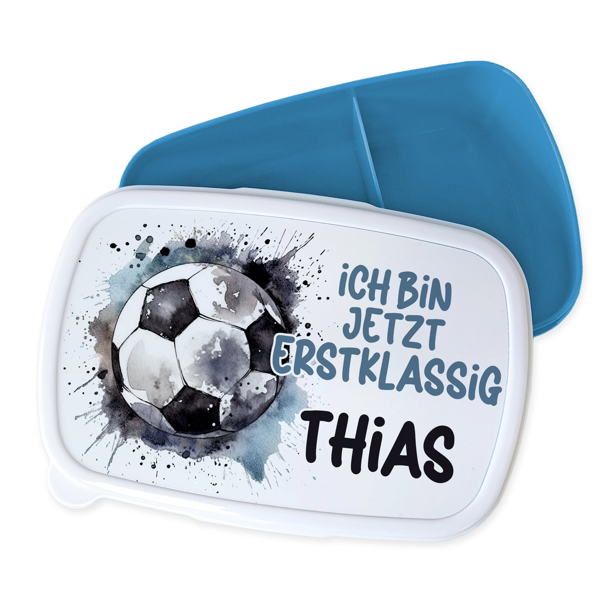 Bento-Box mit Fußball-Motiv und personalisiertem Namen Thias.