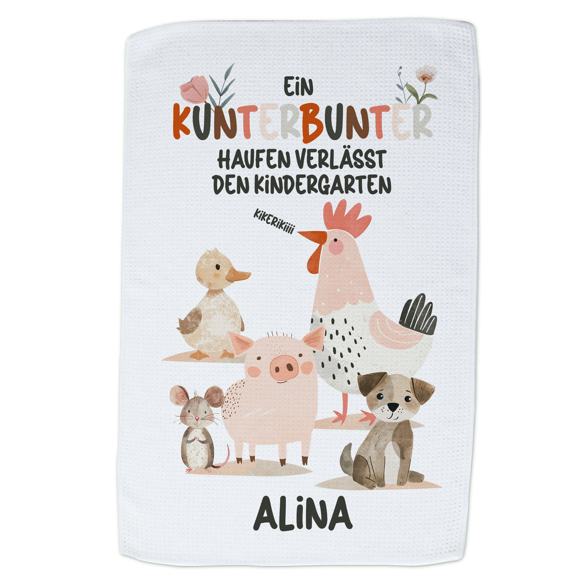 Kunterbunte Kindergarten-Abschiedstuch mit Tieren und Namen Alina.