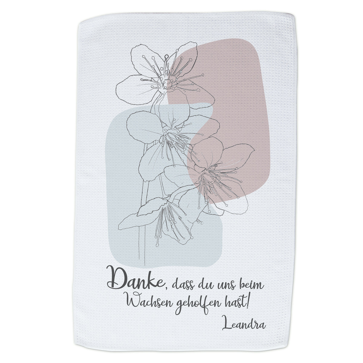 Handtuch mit Blumenmotiv, weiß, Dankesbotschaft in Schwarz.
