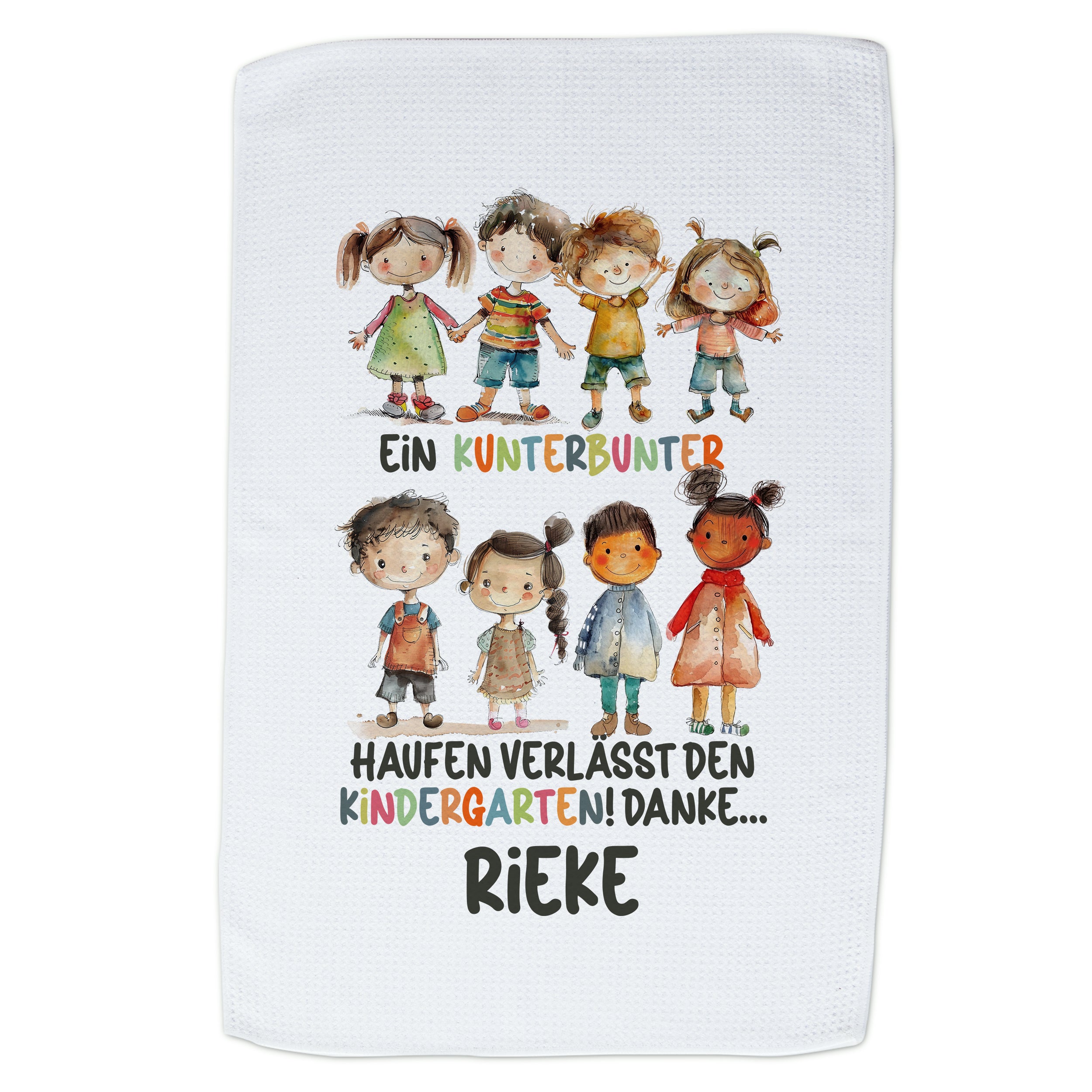 Bunte Kinderillustrationen mit dem Text "Ein kunterbunter Haufen verlässt den Kindergarten!"