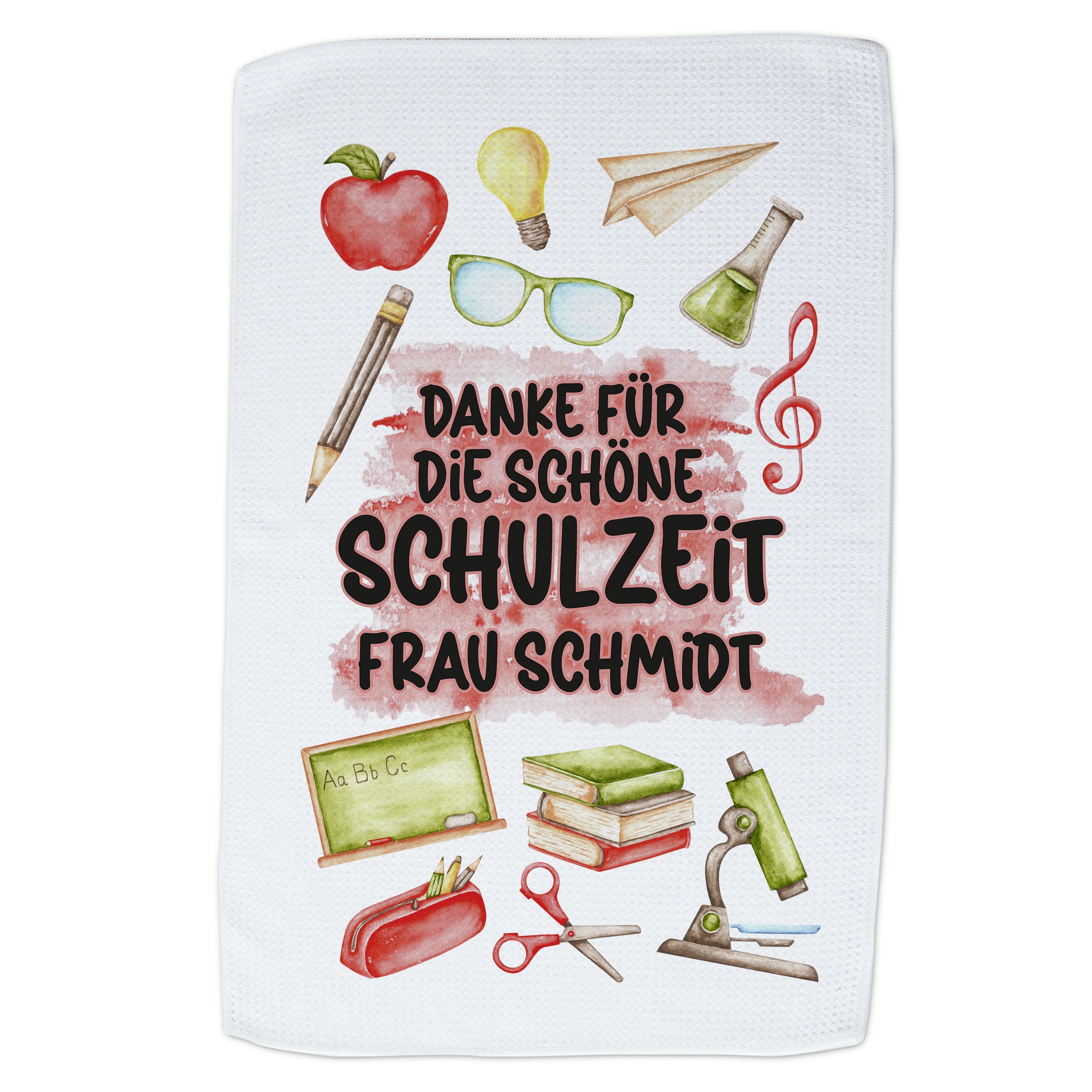 Handtuch mit Dankeschön-Text und Schulmotiven in bunten Farben.