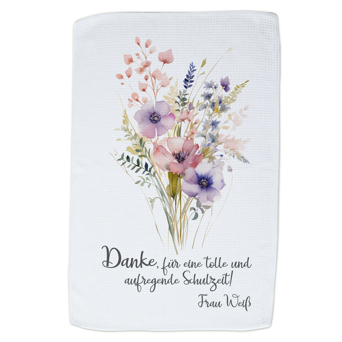 Küchentuch mit Blumenmotiv und Dankestext in Pastellfarben.