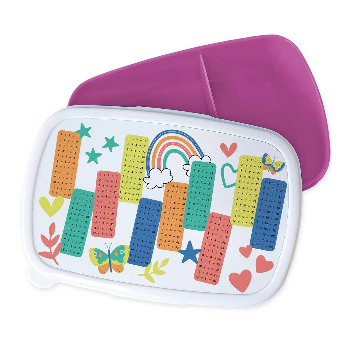 Bunte Lunchbox mit Regenbogen und Schmetterlingen, lila Deckel.
