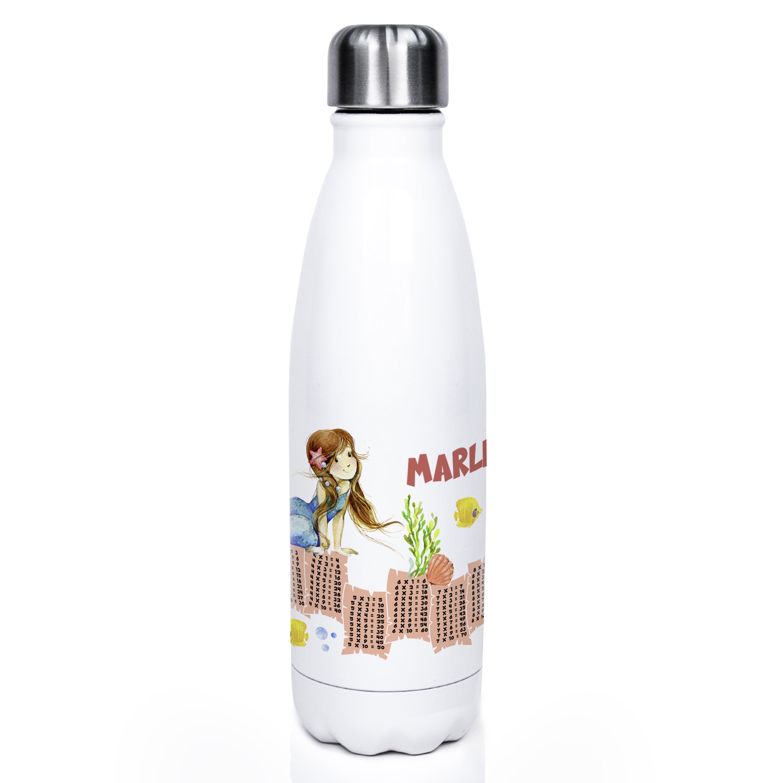 Weiße Edelstahl-Trinkflasche mit buntem Unterwasser-Motiv.
