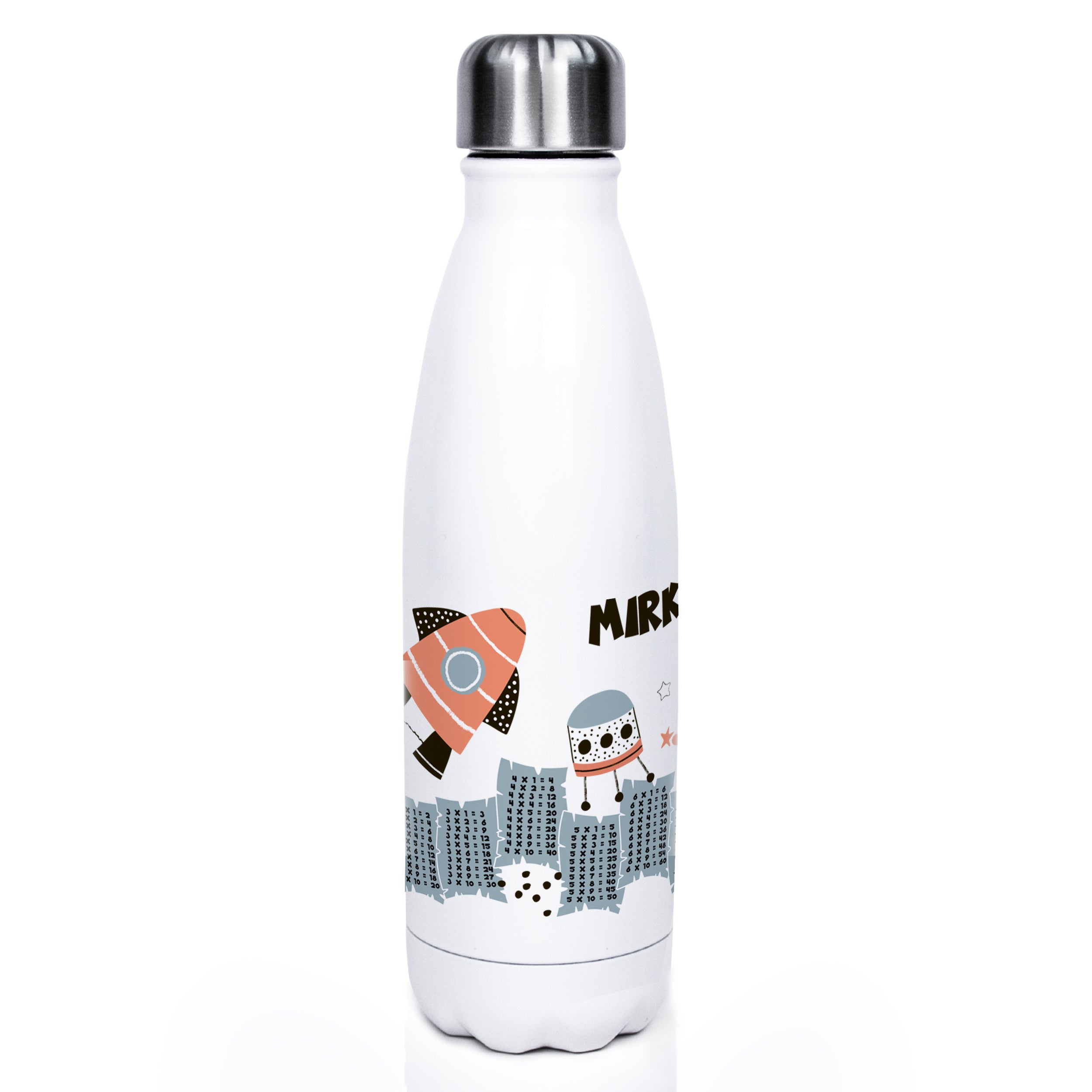 Weiße Edelstahl-Trinkflasche mit Rakete und Eule.
