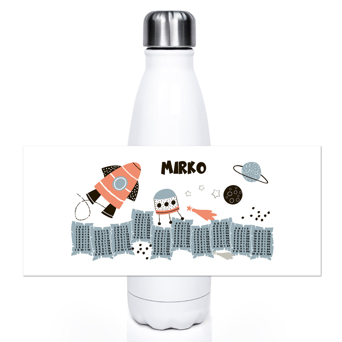 Weiße Wasserflasche mit buntem Weltraumdesign und Namen.