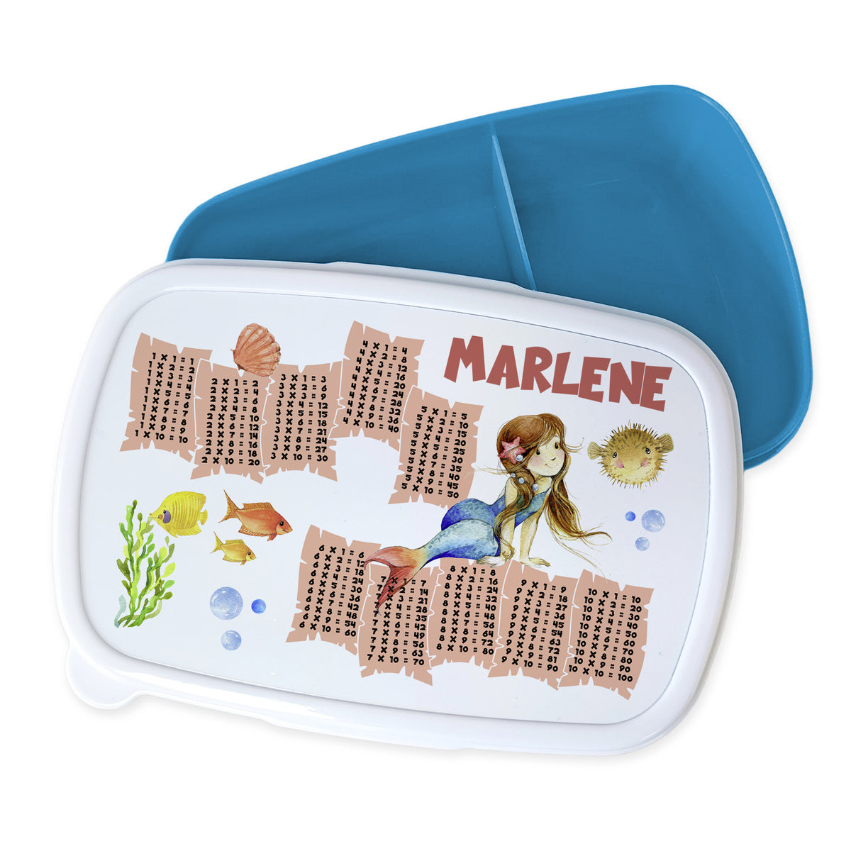Bento-Box mit Meerjungfrau-Design und blauer Innenschale.