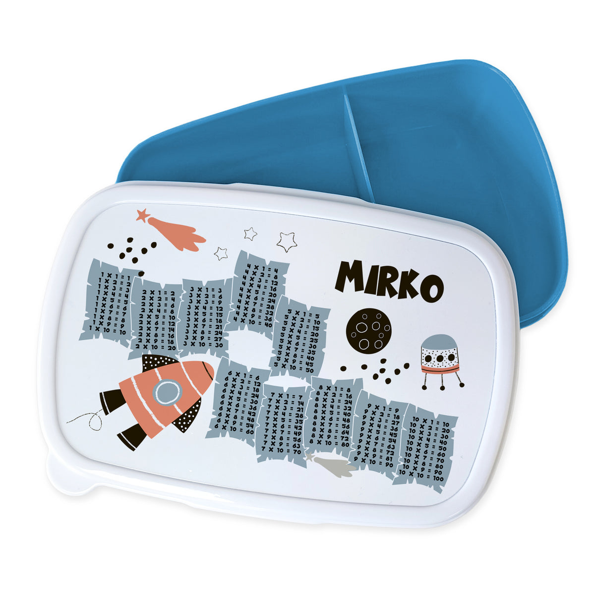 Bento-Box mit Raketenmotiv, blau und weiß, personalisiert.