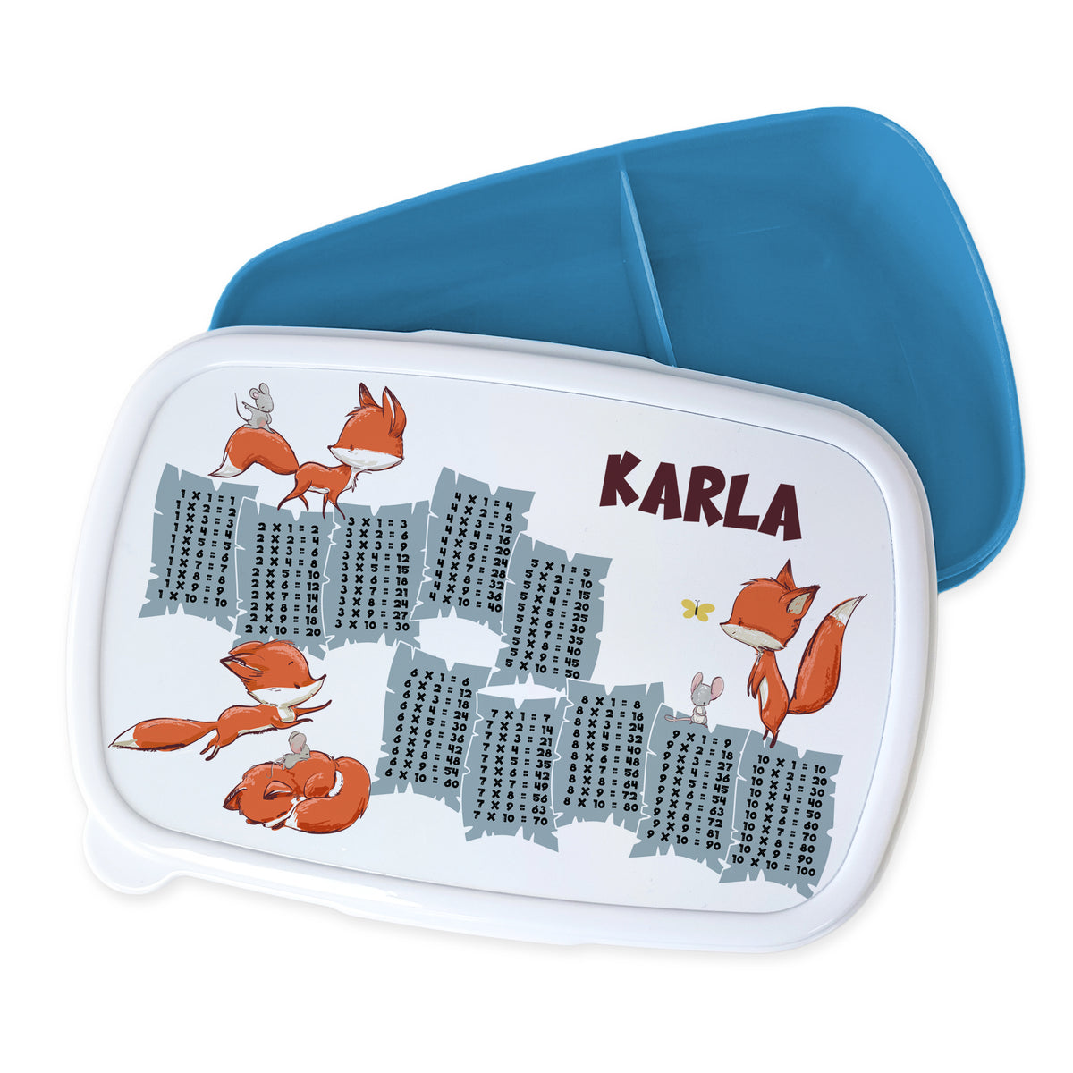 Bento-Box mit Fuchs-Motiv, blau und weiß, personalisiert für Karla.
