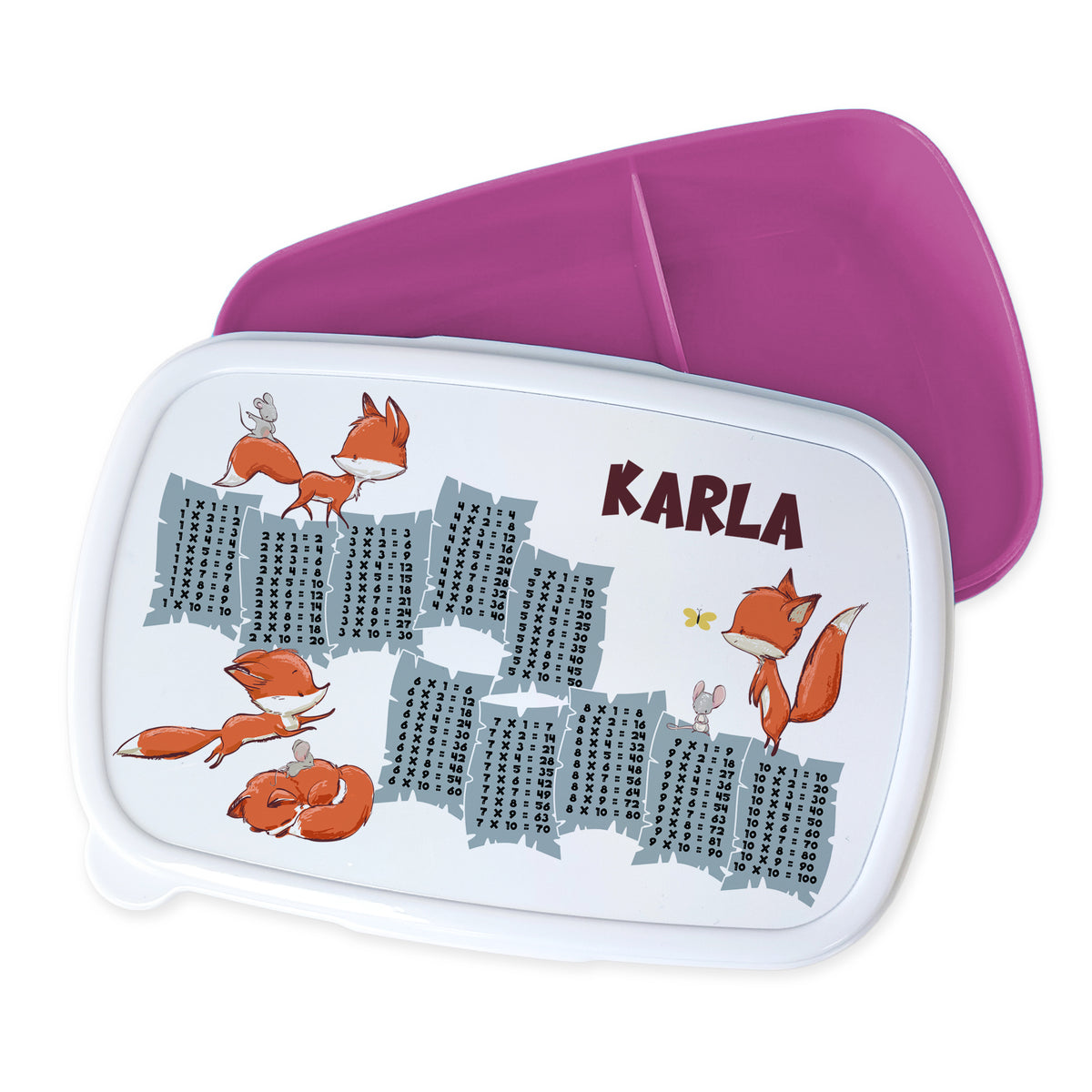Bento-Box mit Füchsen, weiß und lila, personalisiert mit "Karla".