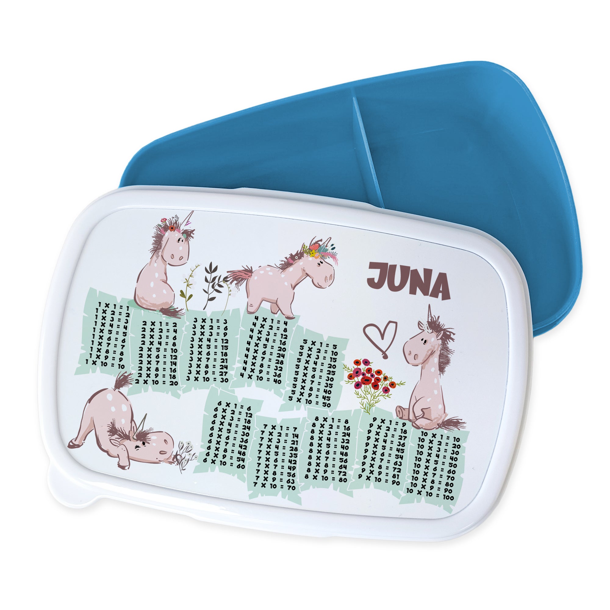 Lunchbox mit Einhorn-Motiv und blauem Deckel.
