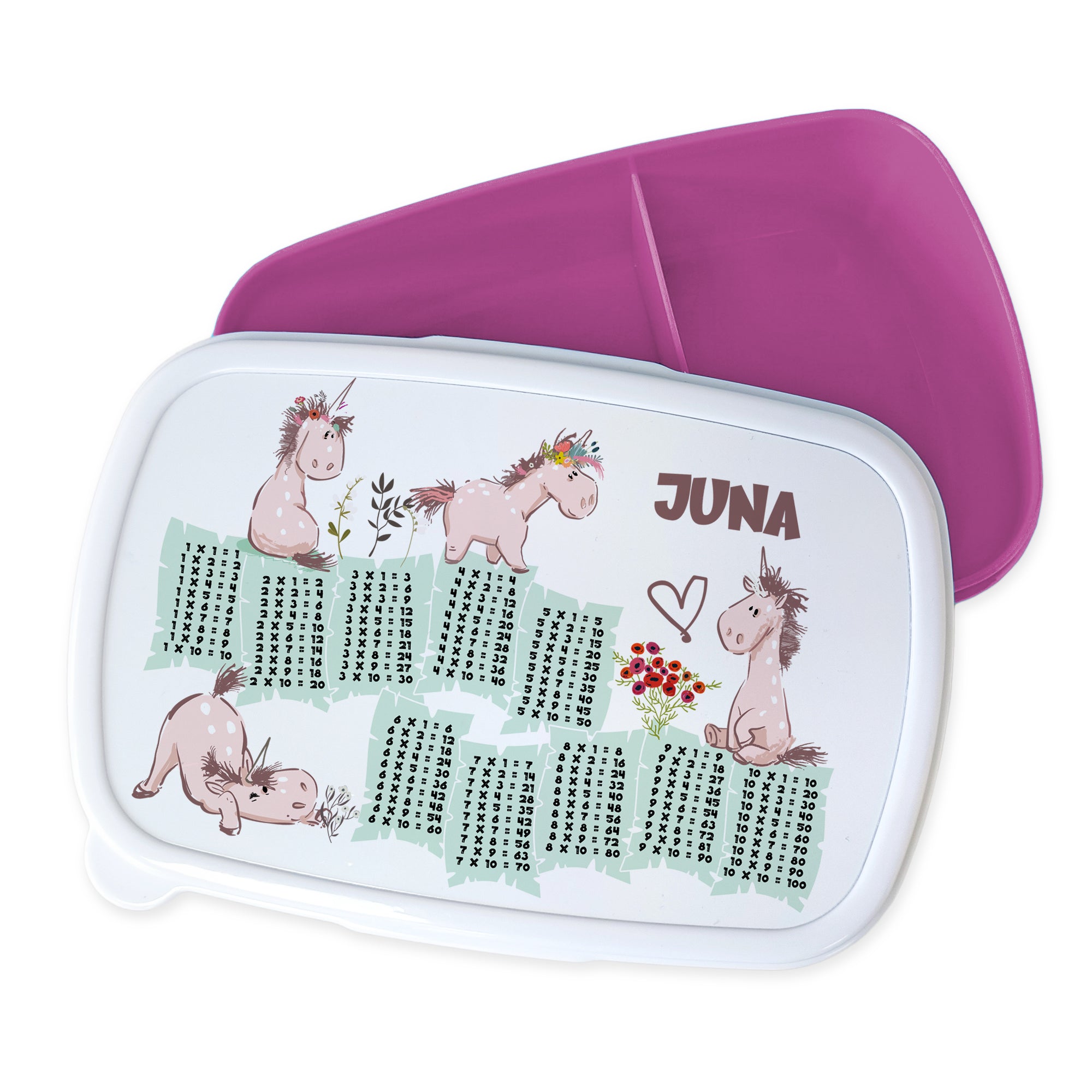 Bento-Box mit Einhorn-Motiv und lila Deckel.