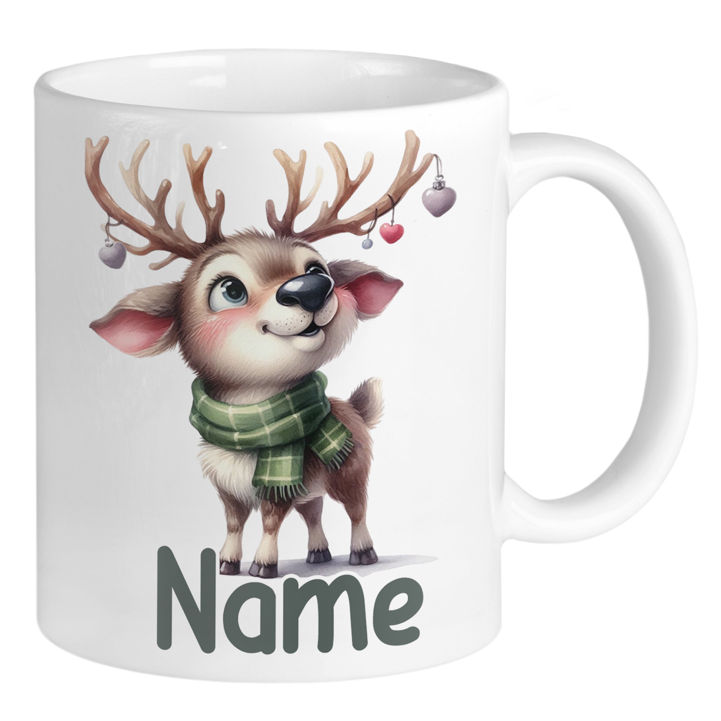 Kaffeetasse mit niedlichem Rentier und personalisiertem Namen.