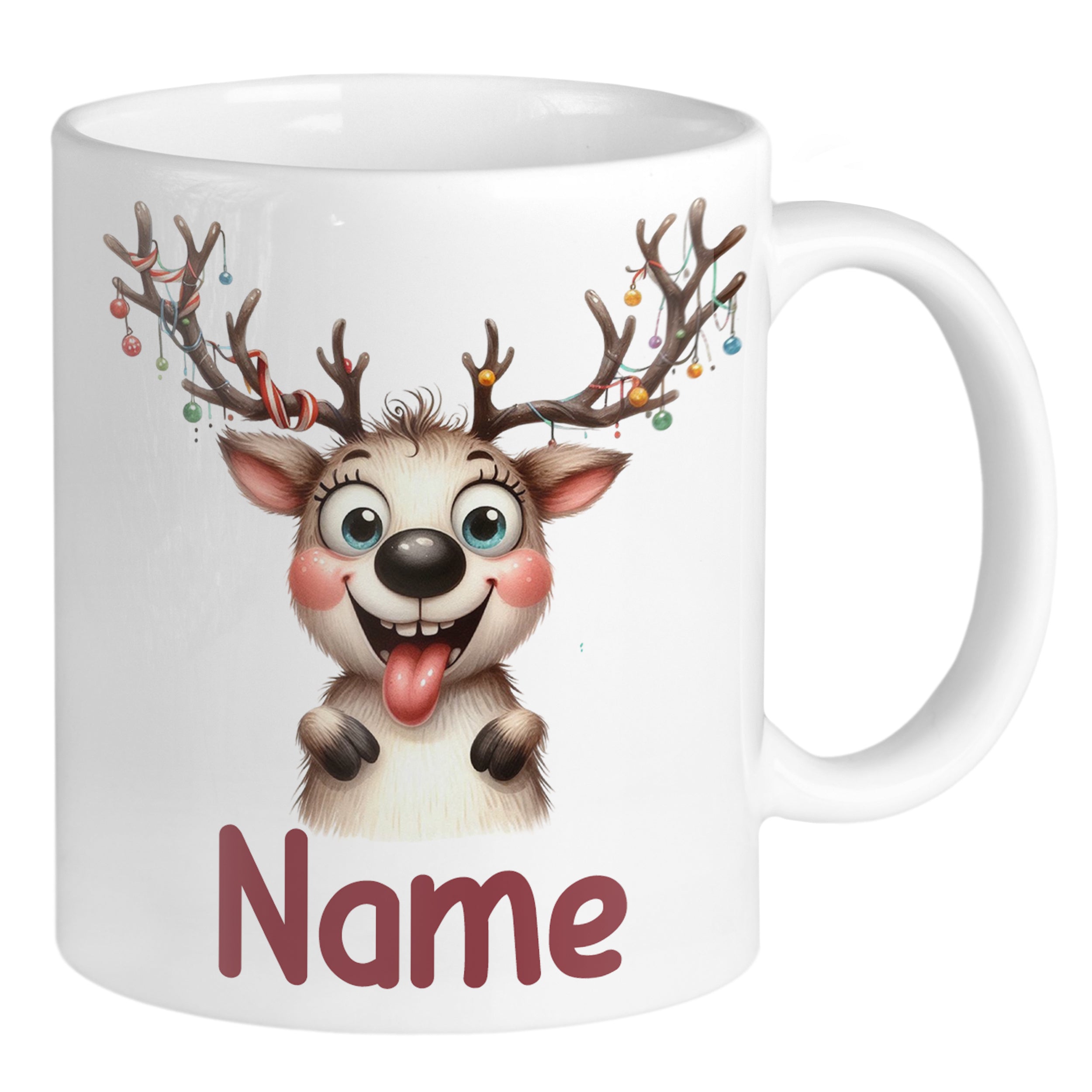 Tasse mit fröhlichem Rentier und personalisiertem Namen.