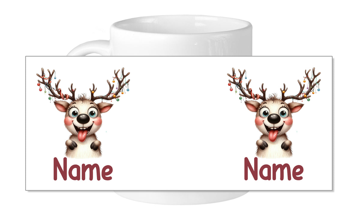 Tasse mit lustigem Rentier-Design und Namen.