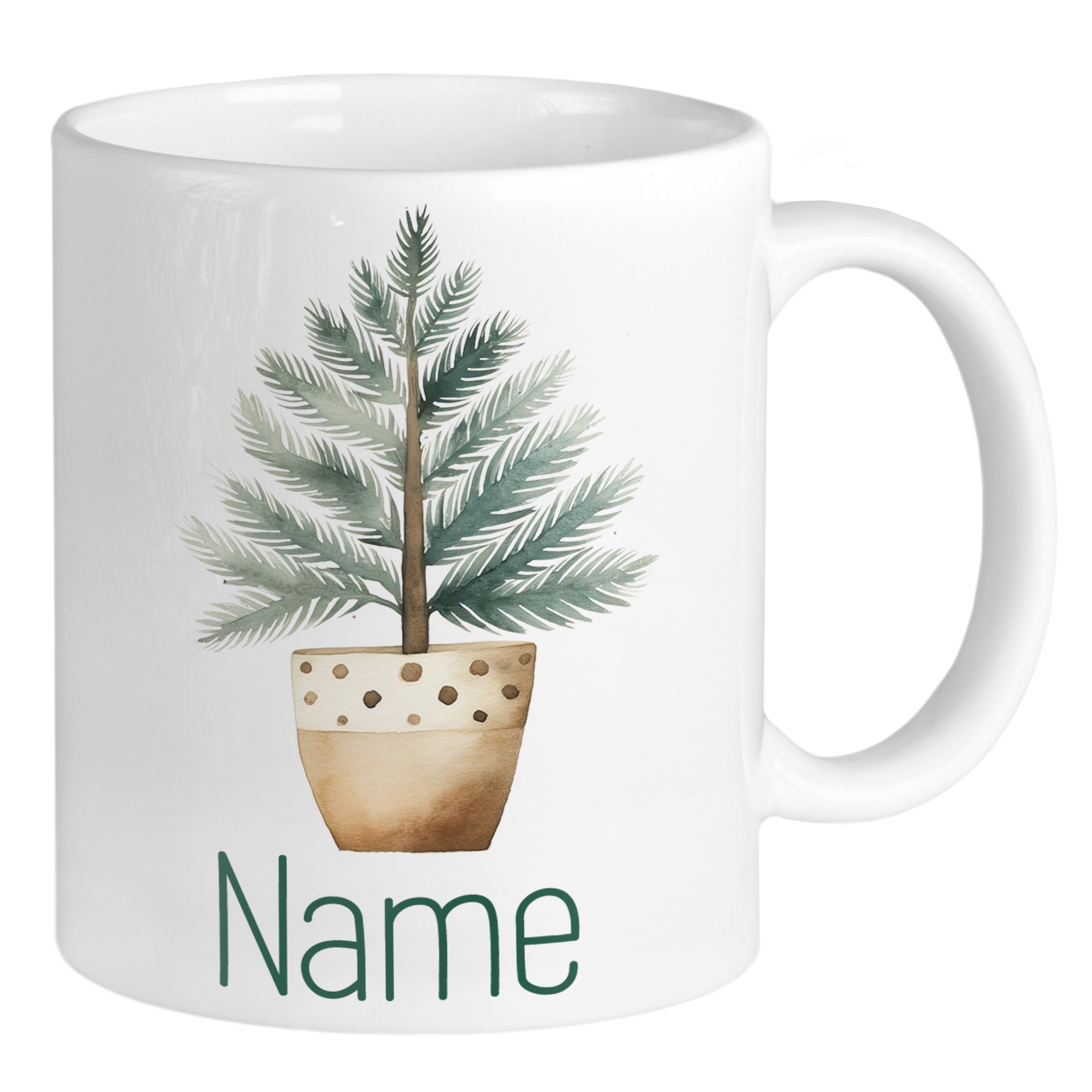 Kaffeetasse mit grünem Pflanzenmotiv und personalisierbarem Namen.