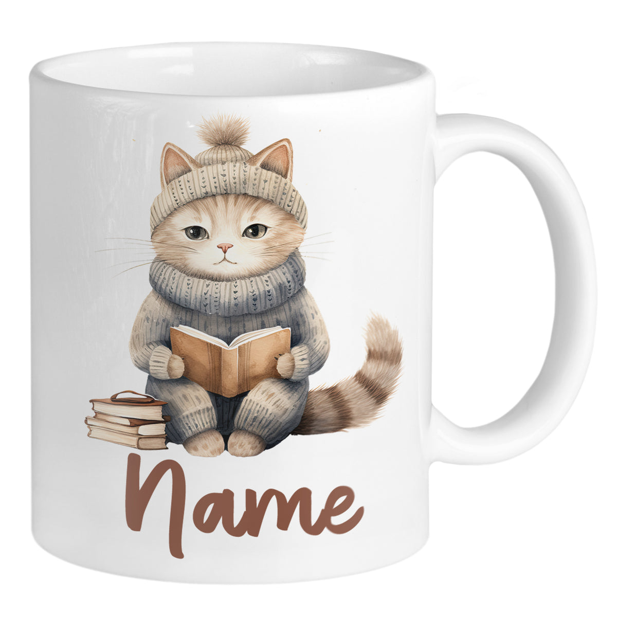 Kaffeetasse mit niedlicher Katze, Buch und personalisierbarem Namen.