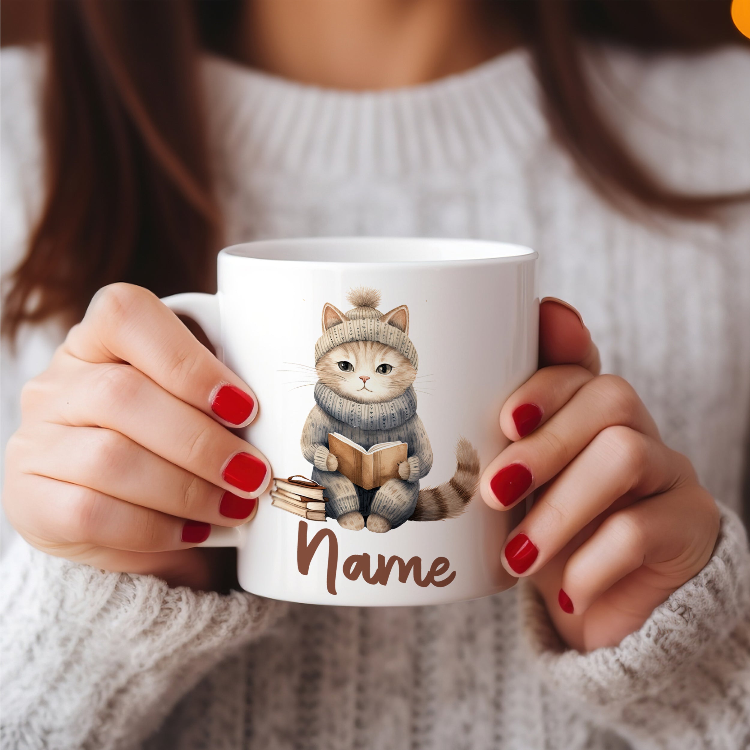 Tasse mit katzenmotiv, grau, personalisierbar mit Namen.