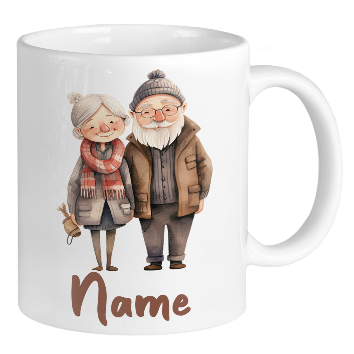 Tasse mit älteren Paar, graue und braune Farben, personalisierbar.