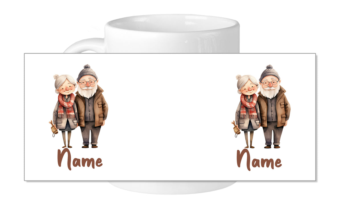 Tasse mit Illustrationen eines älteren Paares und Namen.
