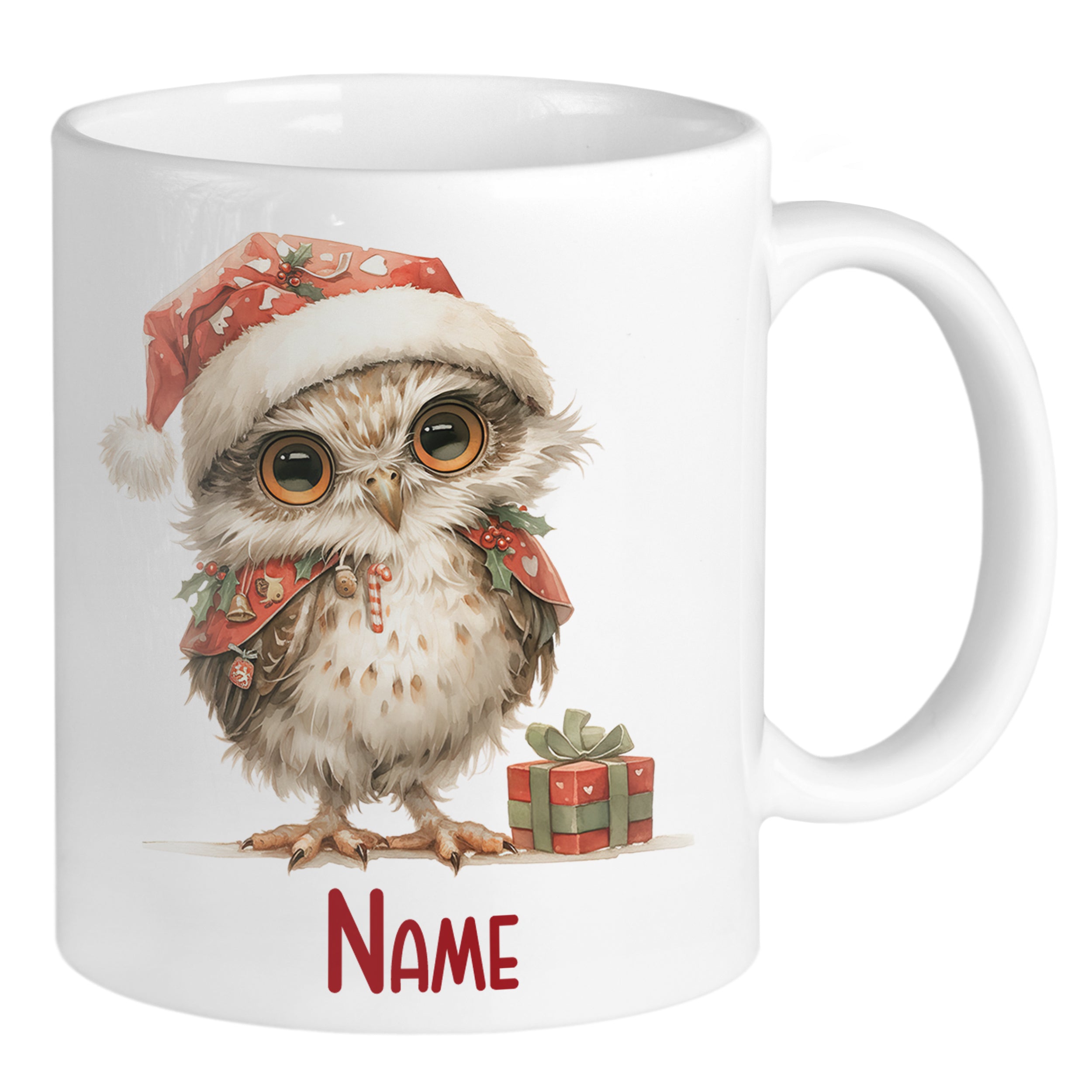 Kaffeetasse mit süßer Weihnachts-Eule und Geschenken.