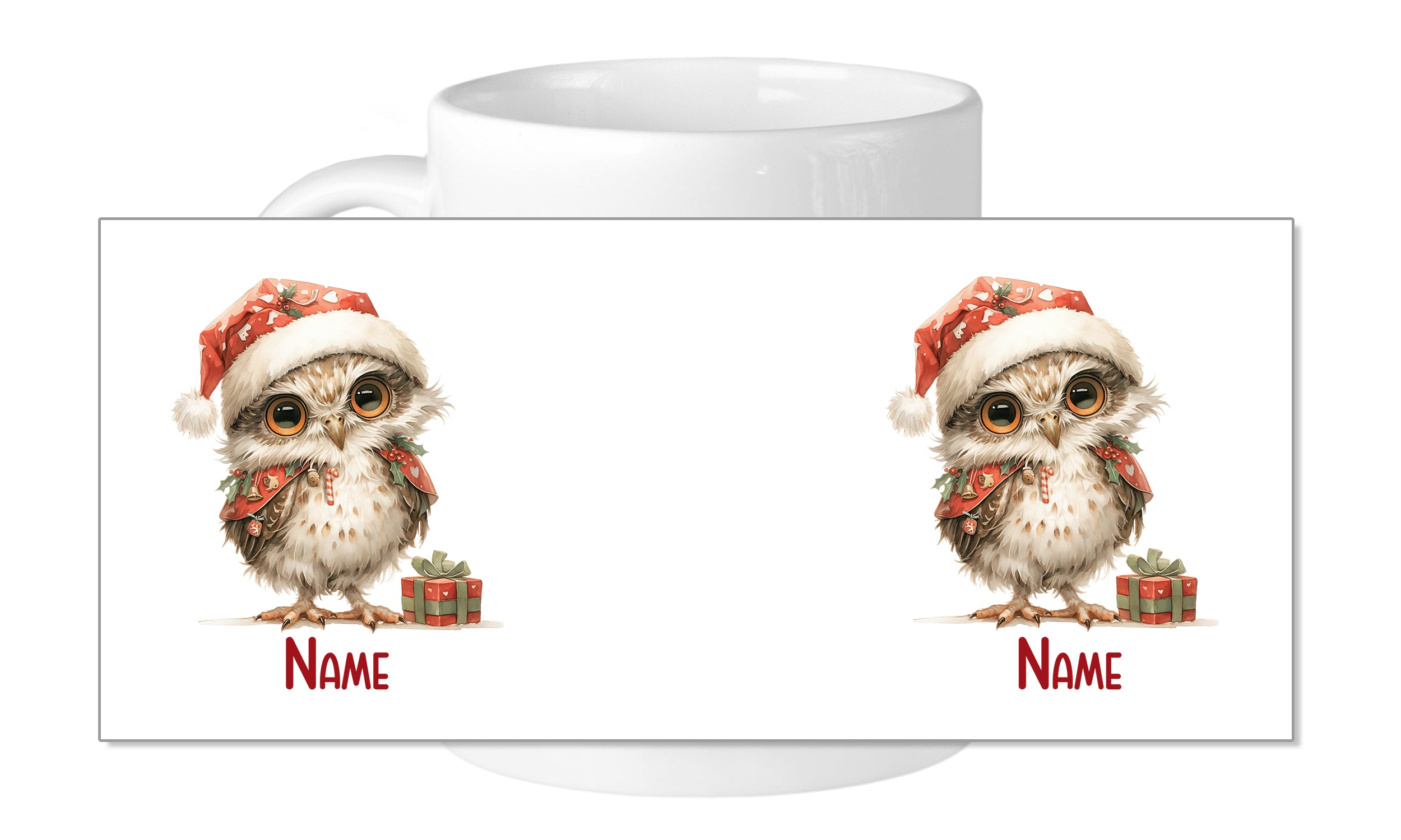 Kaffeetasse mit Weihnachts-Eule und Geschenken, personalisierbar.
