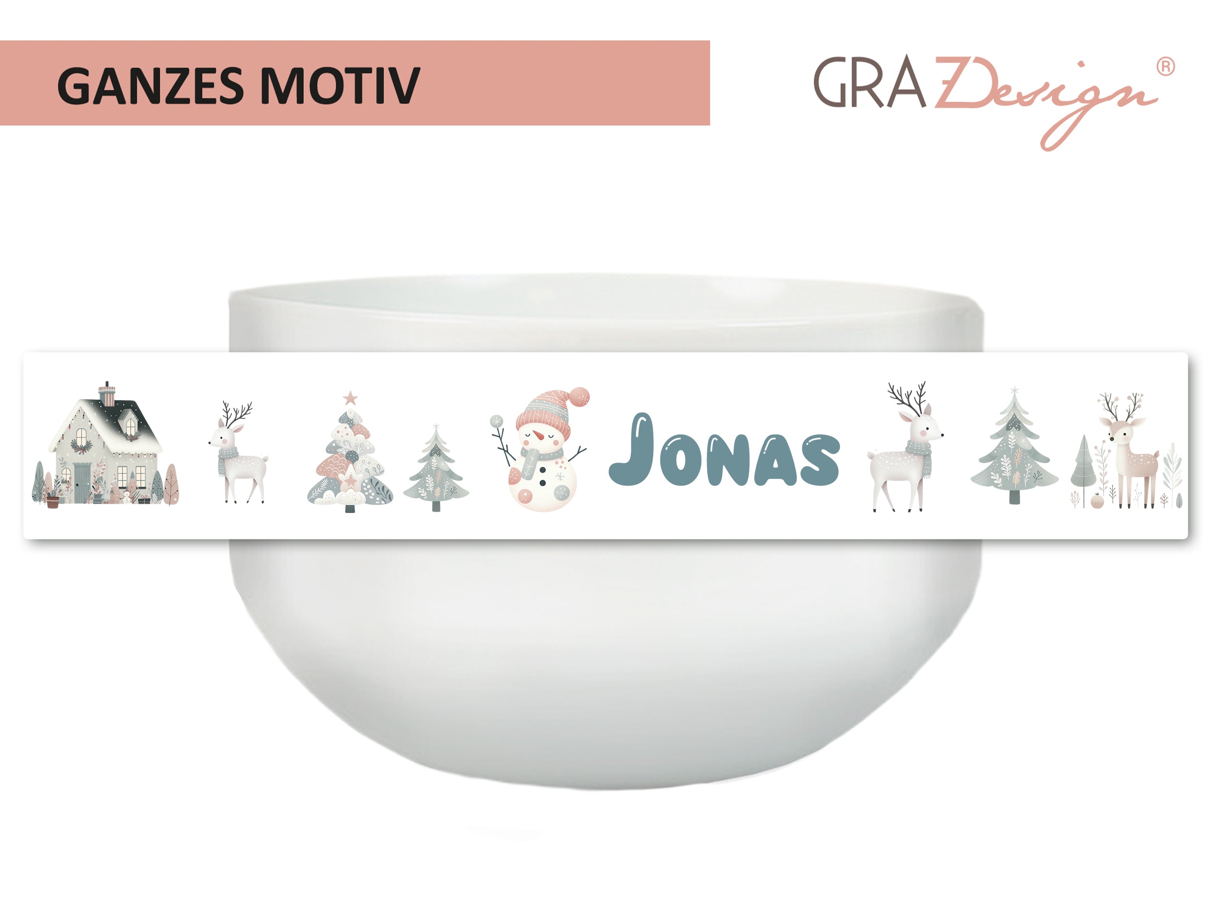 Weiße Schüssel mit winterlichem Motiv und personalisiertem Namen Jonas.