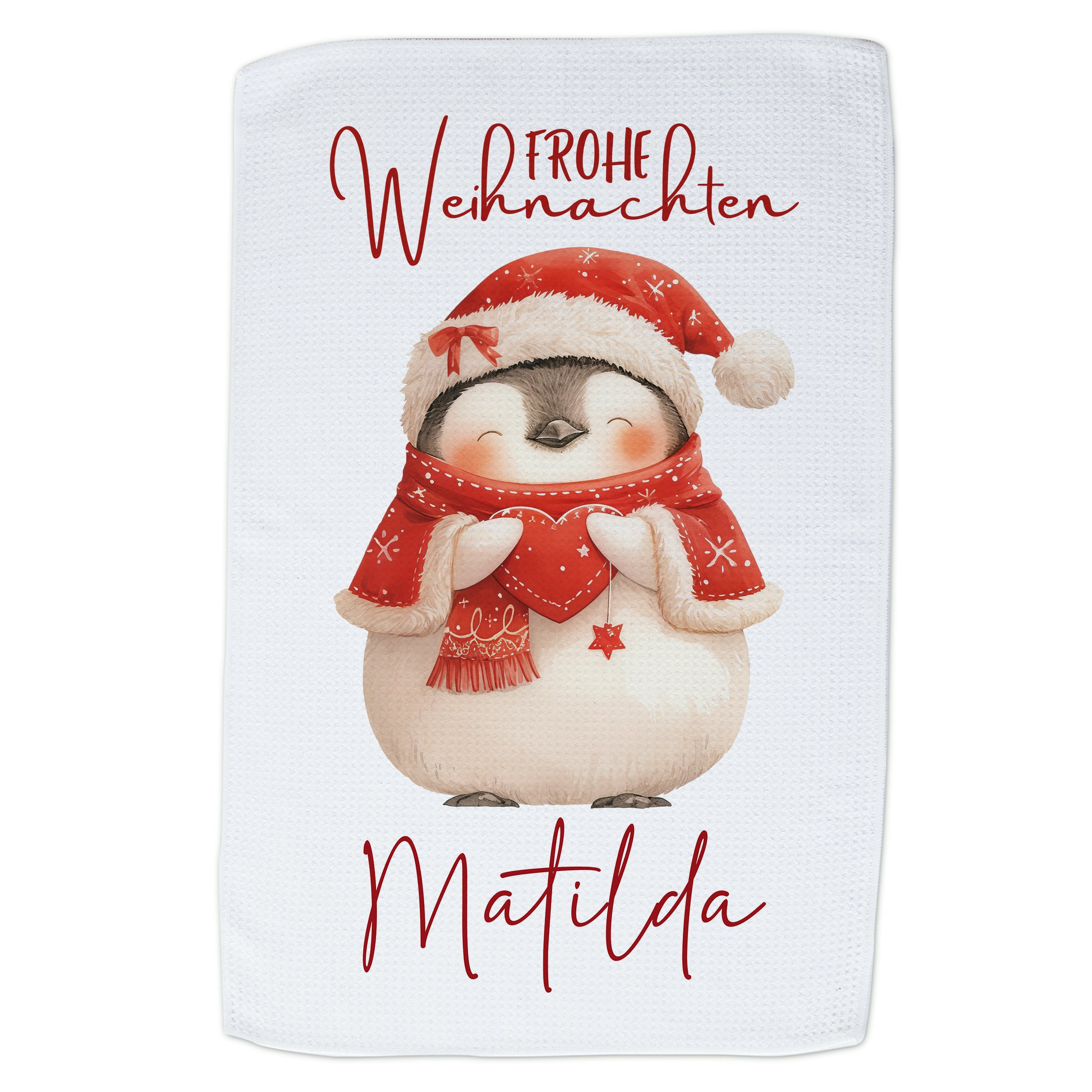 Weihnachtliches Geschirrtuch mit Pinguin und rotem Schal.